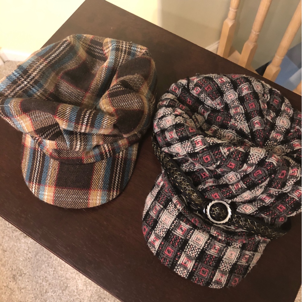 Bundle of Two Plaid Caps with Bills, Cloth with Lining, Pink, Brown, Gray